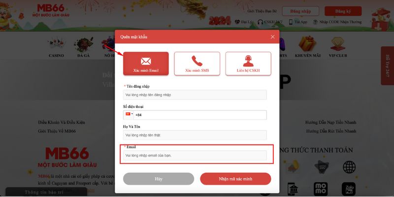 Thao tác Quên mật khẩu để đổi mật khẩu dễ dàng