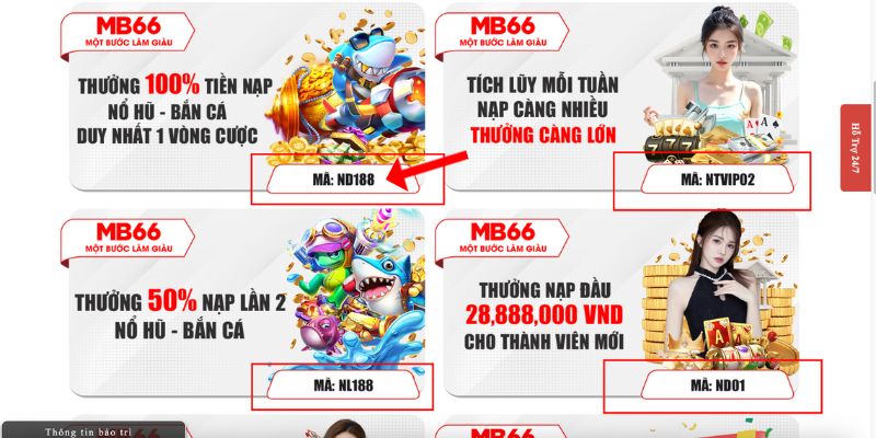 Giao diện để lấy code MB66 tại sân chơi